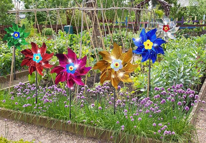 Sparkly Reflective Pinwheels with Stakes, Colorful Wind Spinners Outdoor Bird Scare Devices, Foil Pin Wheel Holographic Whirl Windmill for Yard Garden Decor Garden Wind Spinner 6 Packs