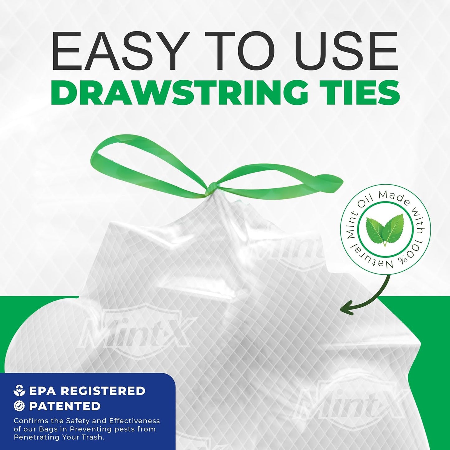 Mint -X Rodent Repellent Indoor Tall Kitchen Drawstring Trash Bags with Mint-Flex Technology; 13 Gallon, 120 Count, White
