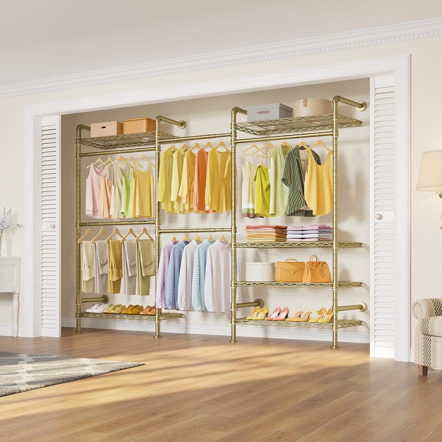 Timate F3 Garment Rack Heavy Duty Clothes Rack for Hanging Clothes, Expandable Industrial Pipe Wall Mounted Clothing Rack, Adjustable Storage Closet Wardrobe Closet Kit Walk in Closet Systems, Gold