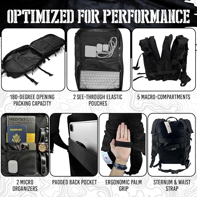 45L Elite Tactical Backpack | 3X Stronger Work & Military Backpack | Water Resistant and Heavy Duty | 3 Day MOLLE Bug Out Bag (Carbon Black)