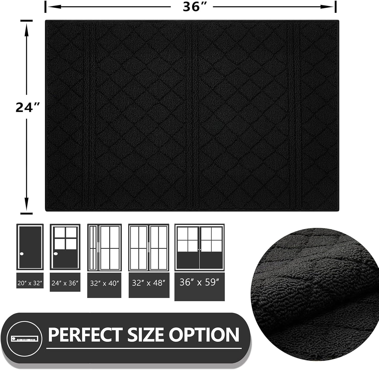 REFETONE Indoor Doormat, Front Back Door Mat 24"x36" Absorbent Rubber Backing Non Slip Door Mats, Low-Profile Resist Dirt Entrance Rugs, Machine Washable Door Rugs Inside Floor Mat for Entryway, Black