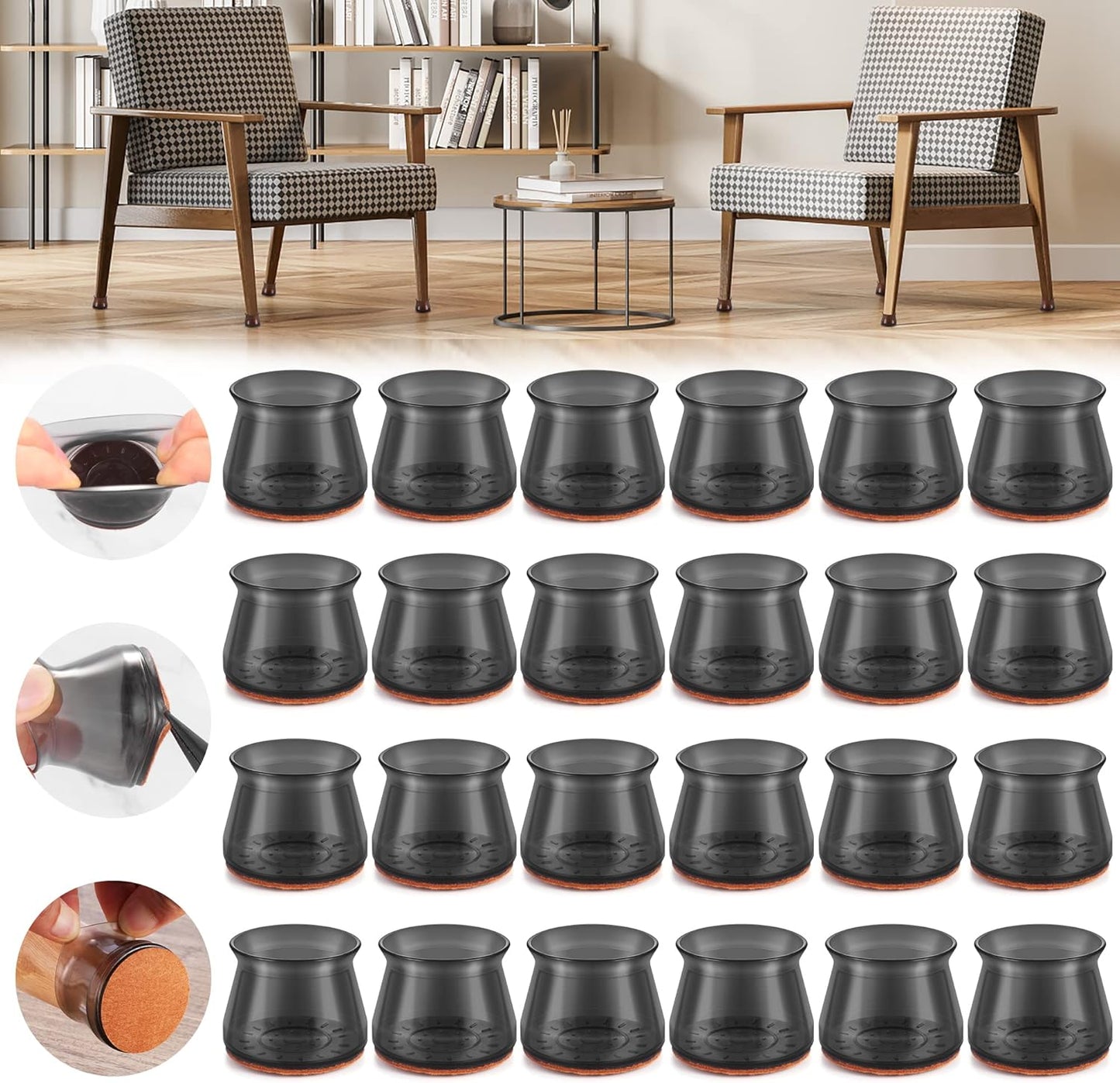 24PCS Upgraded Silicone Chair Leg Floor Protectors for Hardwood Floors, Furniture Sliders for Chair Legs, Felt Bottom Furniture Pads, Anti-Slip Round&Square Cap Covers to Scratch and Reduce Noise