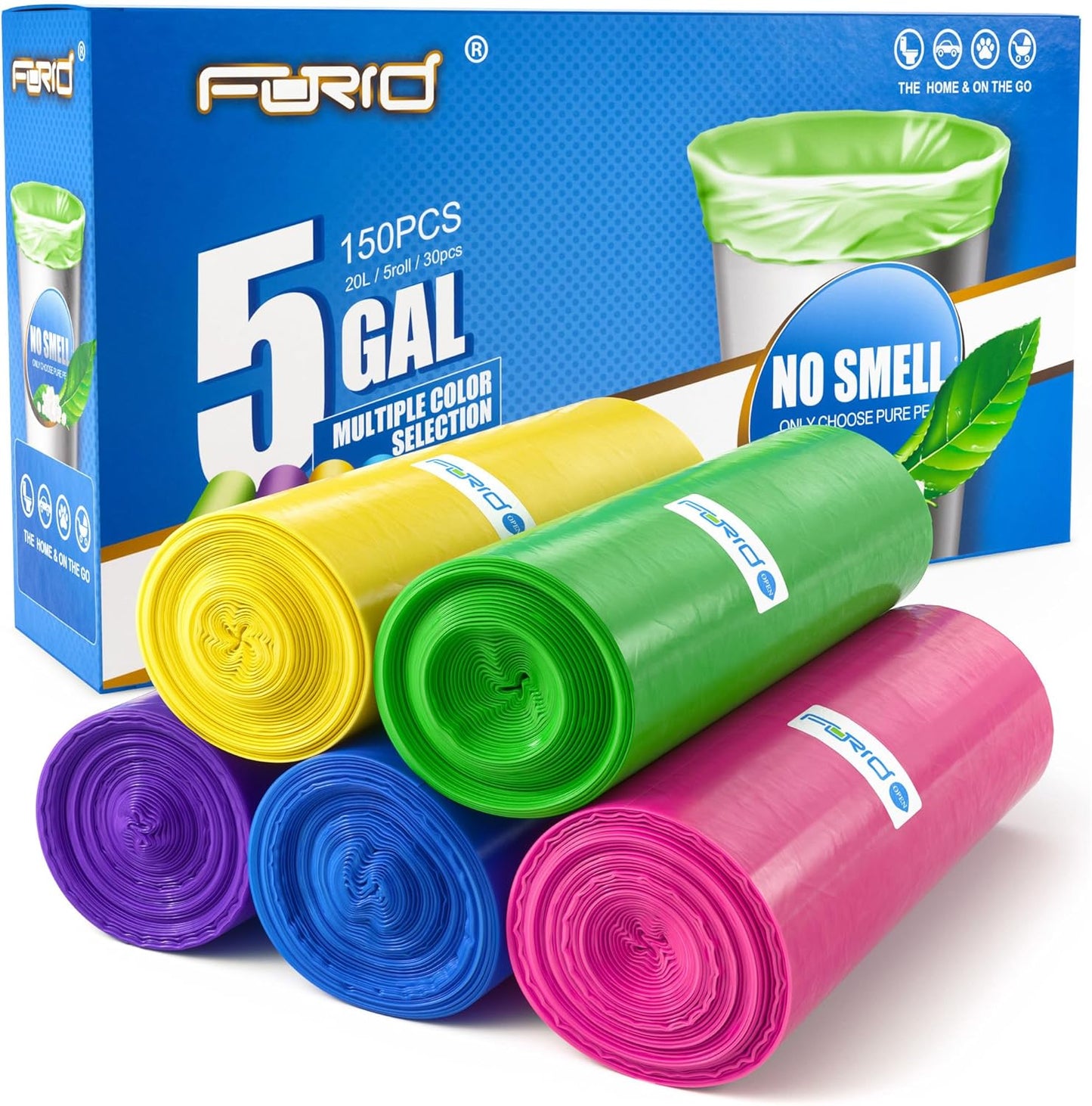 FORID Small Garbage Bags - 5 Gallon, Trash Can Liner for Home, Office, Bathroom, Bedroom, Waste Bin (5 Colors 150 Bags) - Durable & Thick Trash Bag Multi Colored
