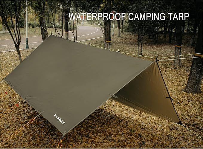 100% Waterproof Camping Shelter,Lightweight Bushcraft Emergency Tarp,70D Ripstop Nylon 10X10 ft Olive Drab Sun Shelter Backpacking Protable Can be Used with Car、Tent、Hammock in Hiking、Traveling、Garden