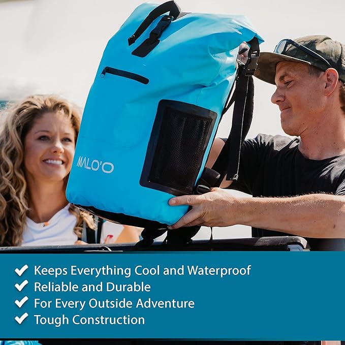 Malo'o Backpack Cooler Bag Holds 24 cans or 18 Bottles and ice - Roll-Top Soft Cooler for Kayaking, Camping, Beach, Fishing, Hiking Daypack & Travel Gear - Closed-Cell Insulation Cooler Backpack