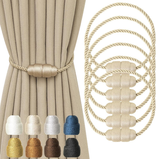 Magnetic Curtain Tiebacks - Rope Tiebacks for Curtains & Drapes, Decorative Window Holdbacks (6 Pack, Beige)