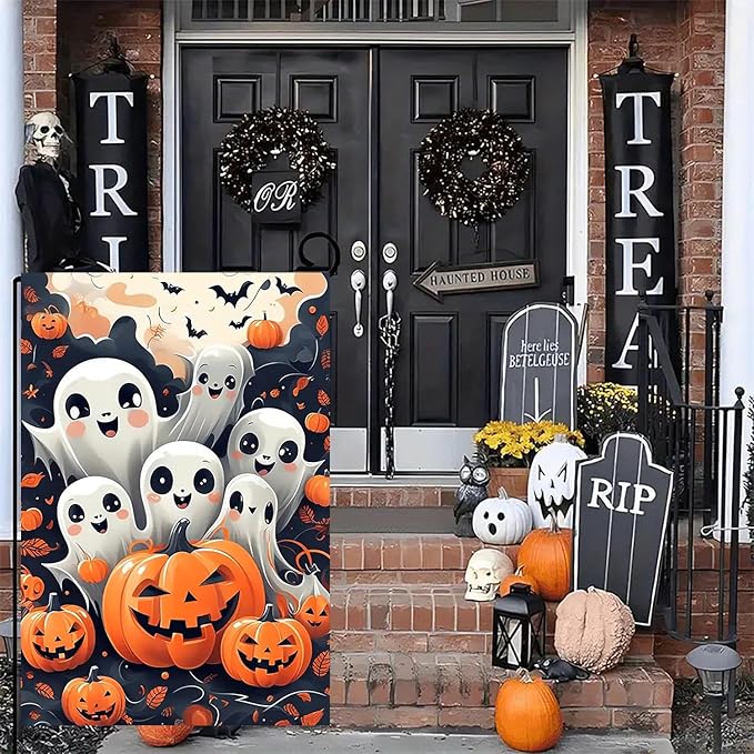 Halloween Garden Flag for Outside 12x18 Inch Double Sided, Ghost Pumpkin Small Yard Flags for Outside, Outdoor Welcome Flag Front Porch Decorations for Home