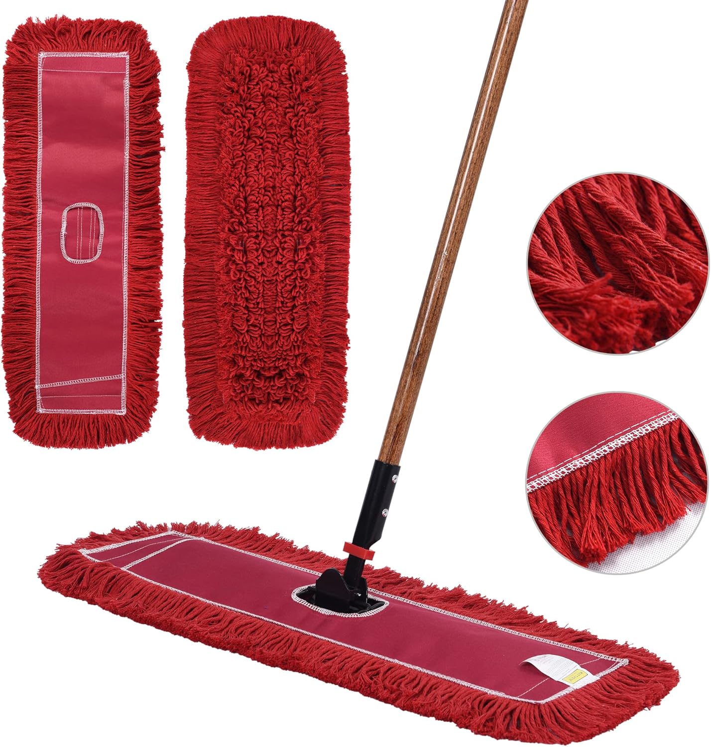Matthew Cleaning 24'' Industrial Strength Cotton Dust Mop Refill Washable Replacement Heads for Residential & Commercial Use Fit Standard Dust Mop Frames, Hardwood,Concrete Floors Red 3 Pack
