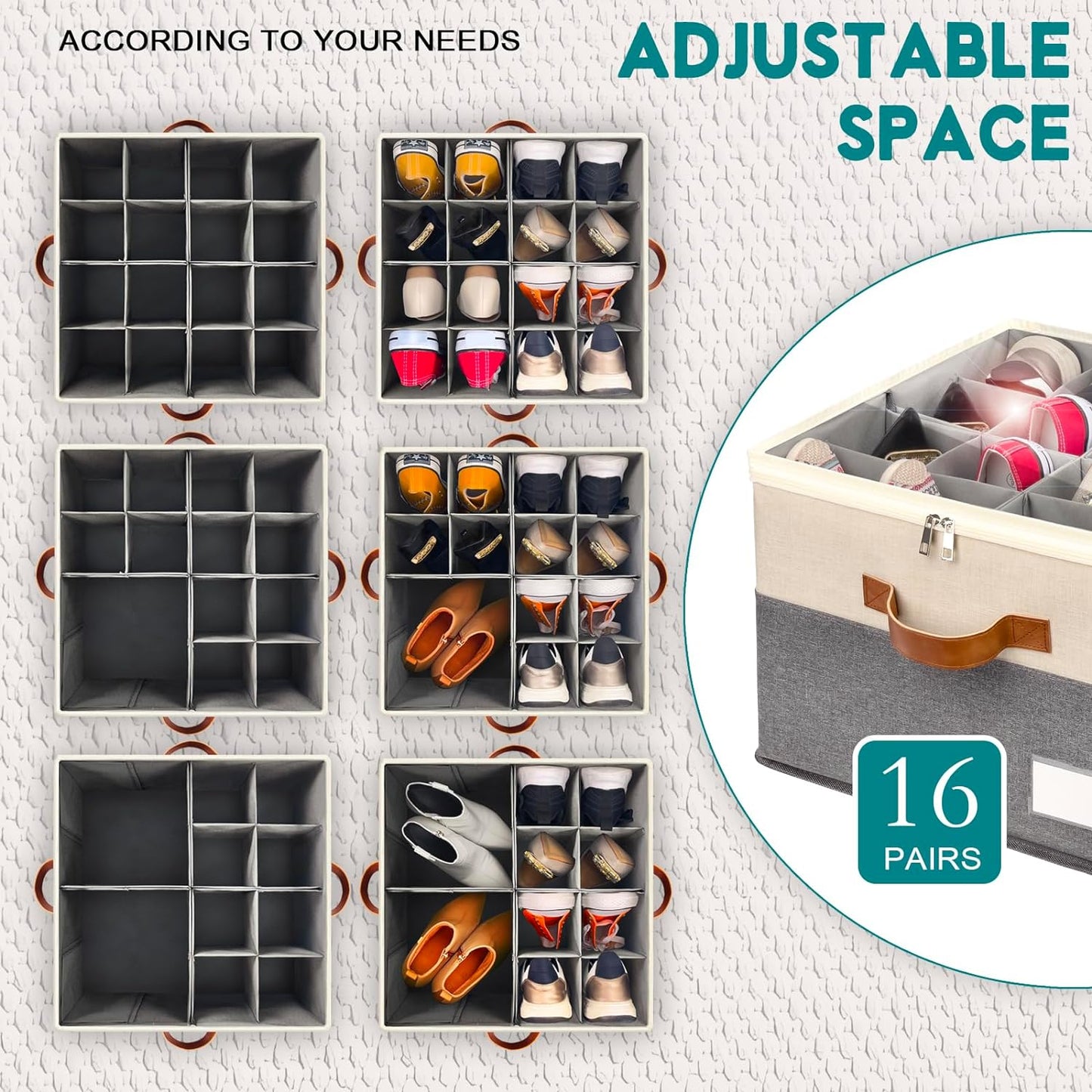 Shoe Organizer for Closet, Foldable Shoe Storage Bins with Clear Cover, Space Saving Shoes Holder with 4 Handles, Large Adjustable Shoe Box Storage Containers, Fits 8-16 Pairs, 2 Pack, Beige