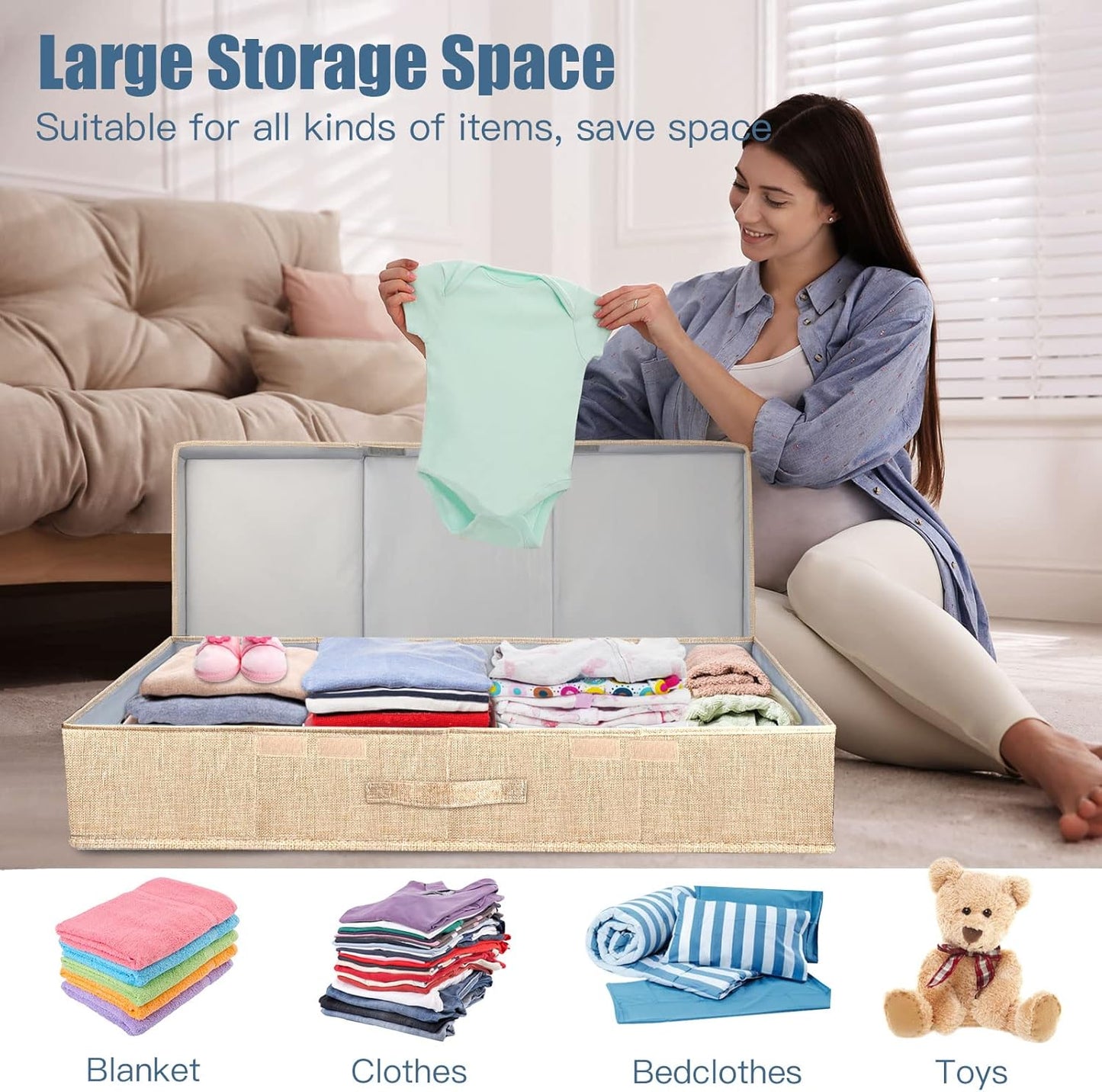 Underbed Storage Containers Bin with Lids (Set of 2) Large Under Bed Storage Organizer Box with Handle, Foldable Under the Storage Bags for Organizing Clothes, Shoes, Blankets, Pillows-Khaki