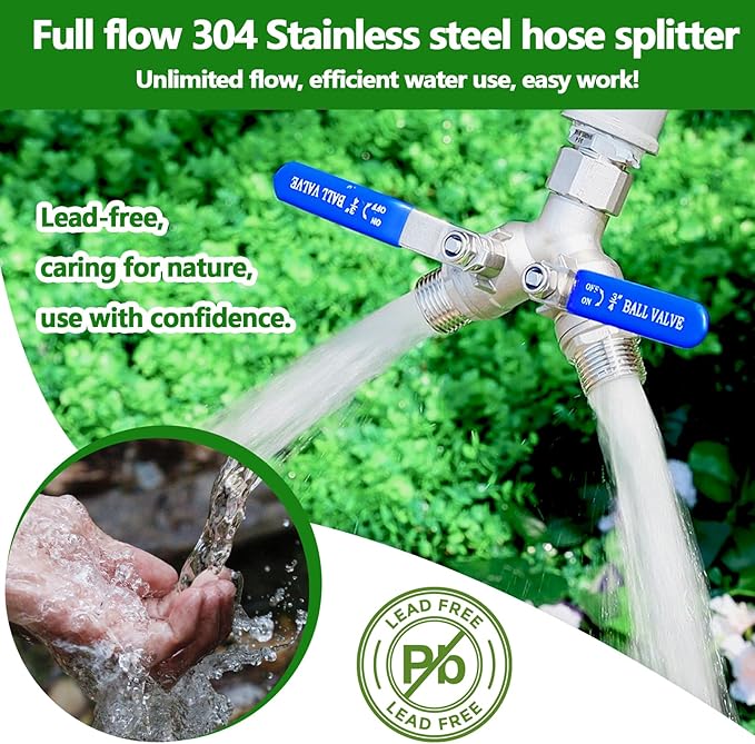 Lead-free Hose Splitter 2 Way Heavy Duty ，304 Stainless Steel Garden Hose Splitter with Long Handle，Outdoor Full Flow Y Valve ，3/4 Inch GHT Thread