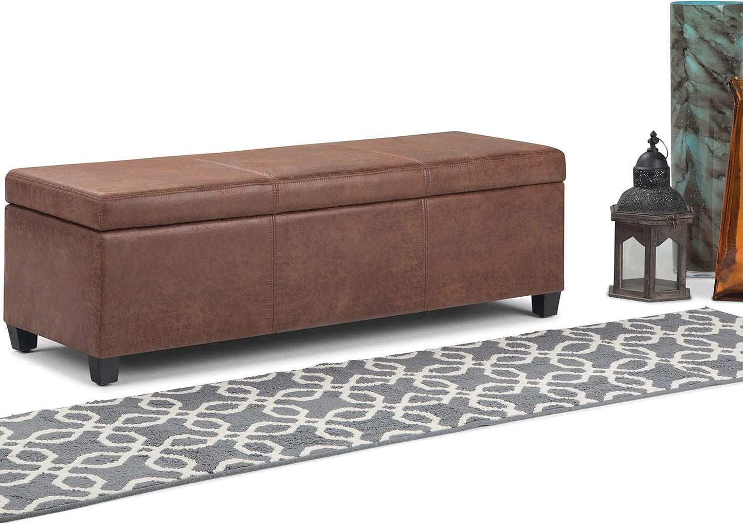 SIMPLIHOME Avalon 48 inch Wide Contemporary Rectangle Storage Ottoman Bench in Distressed Umber Brown Vegan Faux Leather, Assembled, For the Living Room, Entryway and Family Room