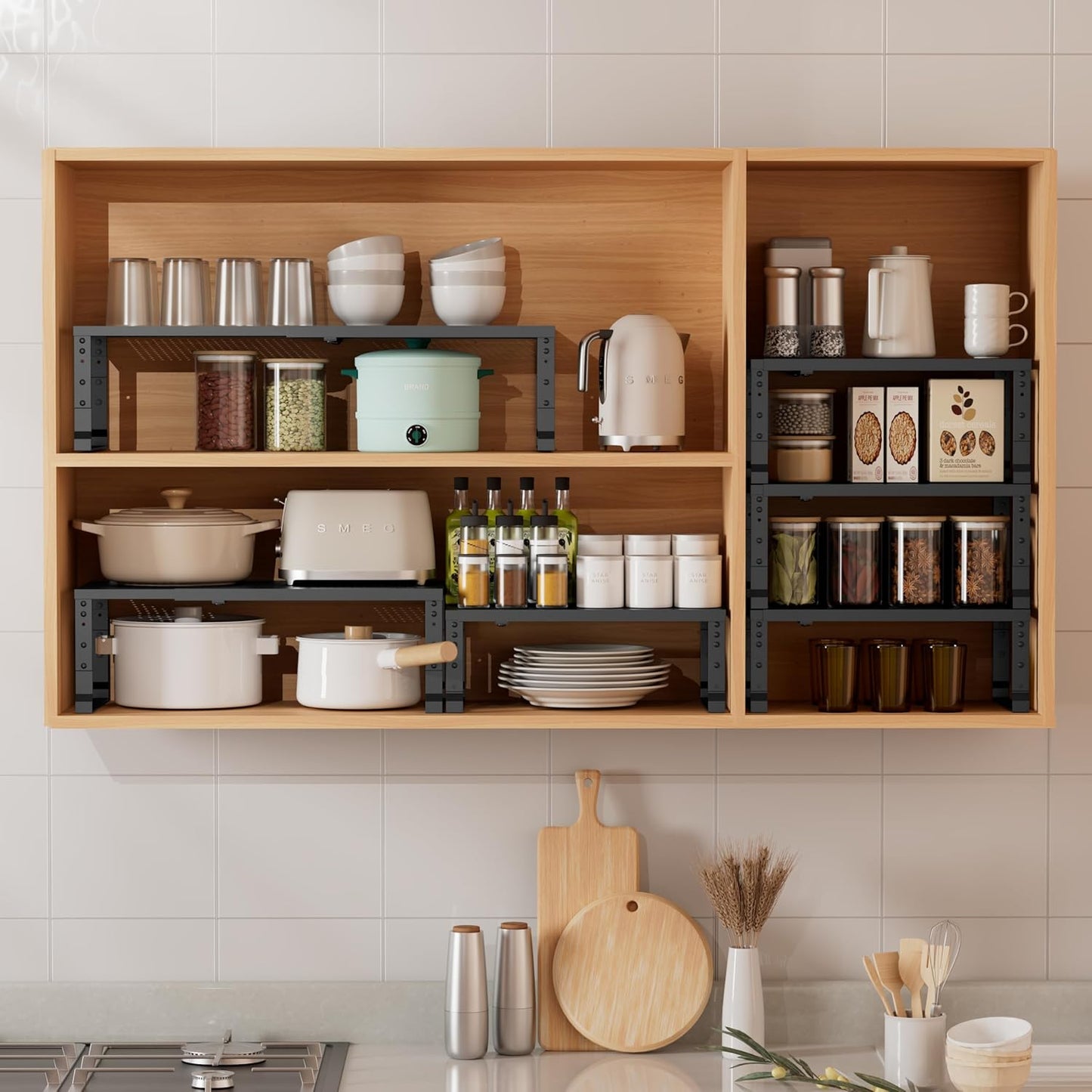 Metal Stackable Expandable Storage Shelf - Multi-Functional Home Storage Shelf, Suitable for Kitchen, Cabinet，Bathroom, Office, Garage, etc.（3PACKS/Black/Medium