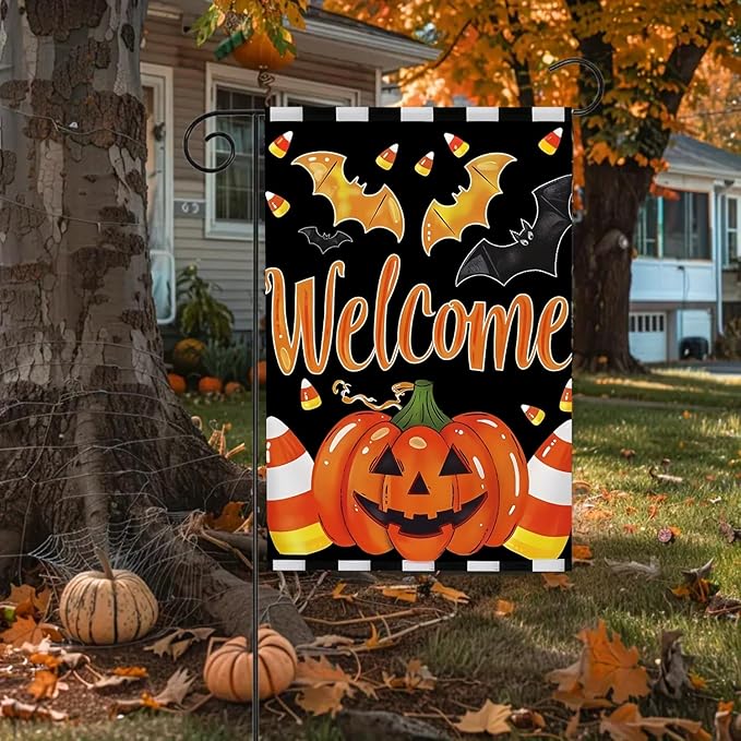 Welcome Halloween Garden Flag 12X18 Inch Double Side,Pumpkin Jack O Lantern Yard flag,Bat Outside Small Garden Flag Decorative,Outdoor Flag for Holiday Patio Courtyard Lawn