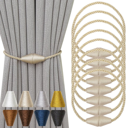Magnetic Curtain Tiebacks 8 Pack Outdoor Rope Curtain Tie Backs Decorative Window Treatment Holdbacks for Home Decorative Curtain, Beige