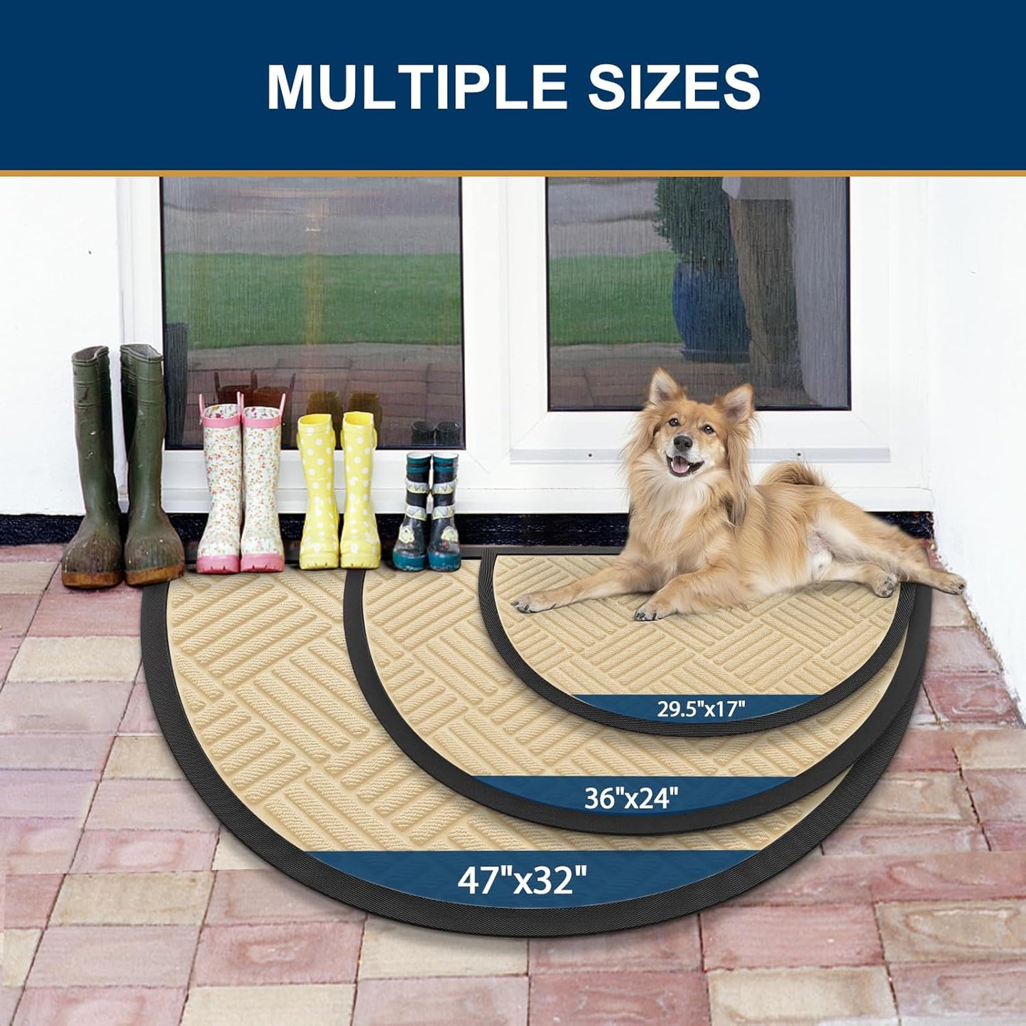 Smiry Half Circle Front Door Mat Outside Entrance, Heavy Duty Outdoor Indoor Natural Rubber Doormat, Non Slip, Trap Dirt and Moisture, Easy Clean, Low Profile Patio Porch Entryway Mat, 29.5x17, Beige