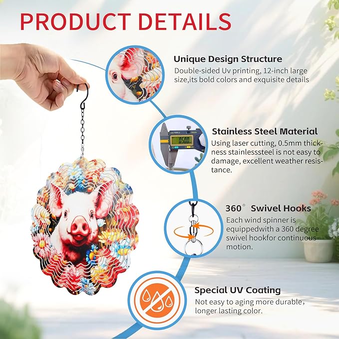 Pig Metal Wind Spinners Outdoor,Hanging Wind Spinner Garden Decor Birthday Gifts for Women Men,12 inch 3D Kinetic Sculpture for Backyard,Porch,Yard,Patio,Outside Decorations