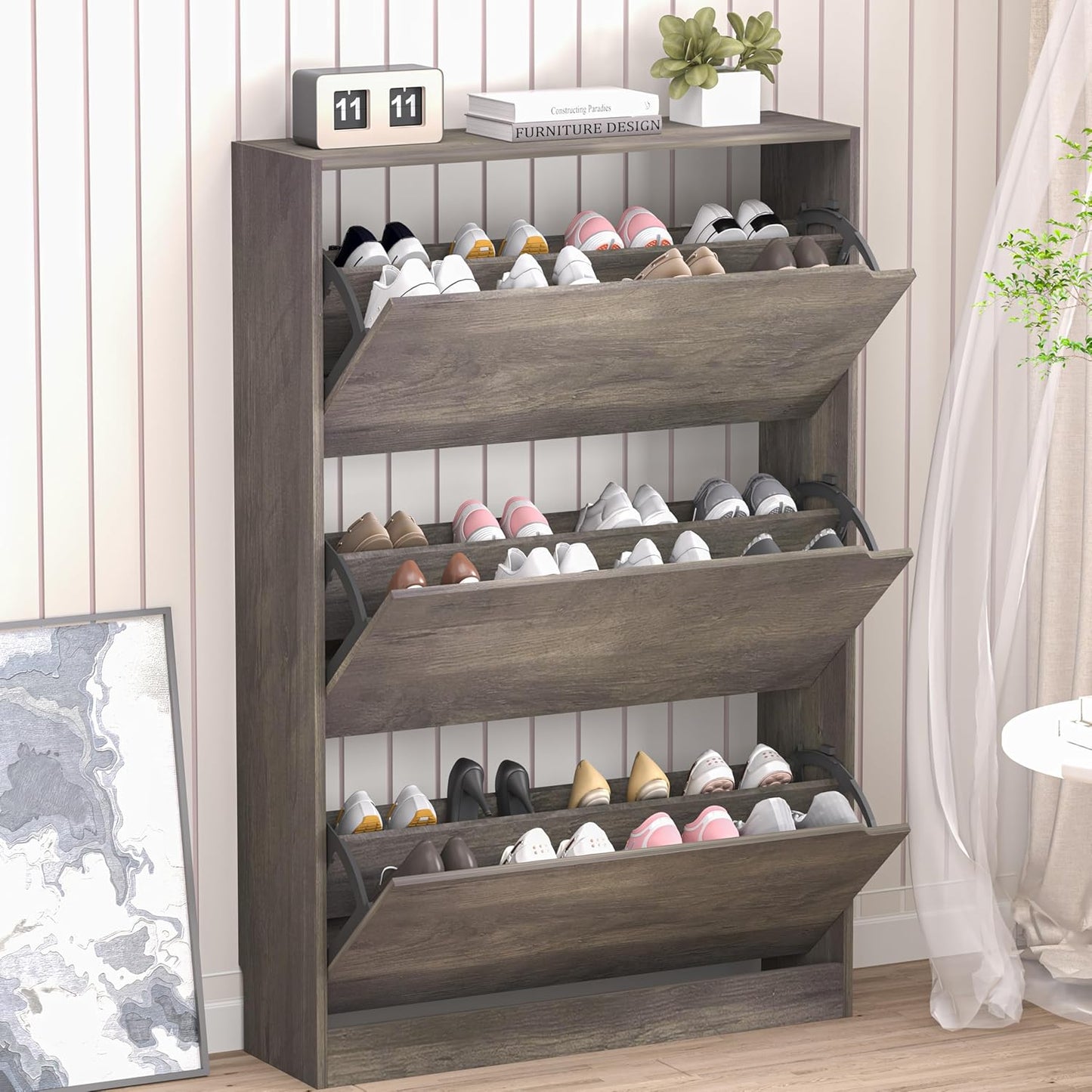 Shoe Cabinet with 3 Flip Drawers, Hidden Wood Shoe Cabinet,Freestanding Shoe Storage Cabinet for Entryway Hallway