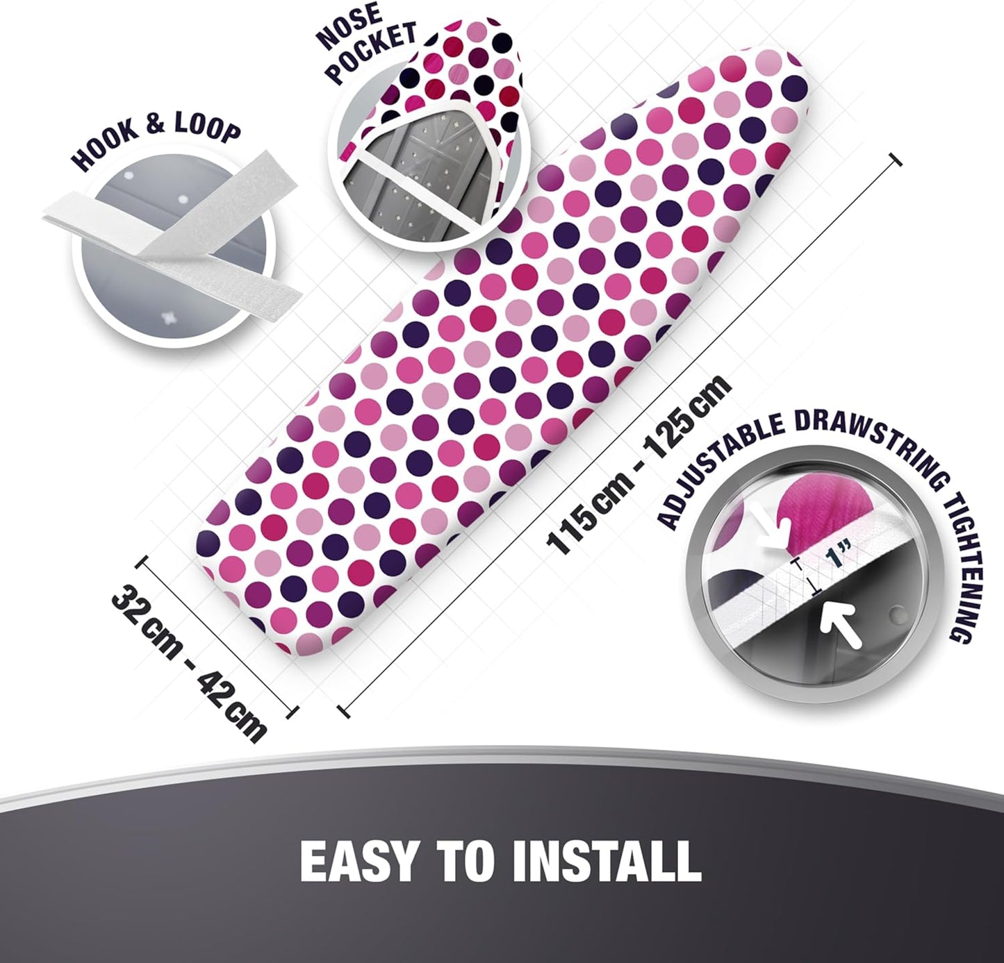 Extra Thick Ironing Board Covers with Pad Standard Size 15x54, Snug Fit Adjustable Drawstring Tightening with Stopper, Heat Reflective Coating, Nose Pocket and Fastener Straps, Polka Dots