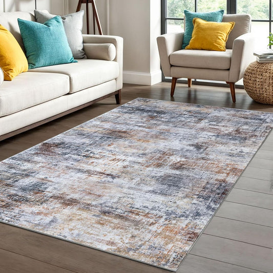 IOHOUZE Abstract Area Rug 4x6 Ft Washable Rugs for Entryway Indoor, Non Slip Small Living Room Rugs Printed Faux Wool Throw Rug, Floor Carpet for Kitchen Nursery Playroom, Orange Grey