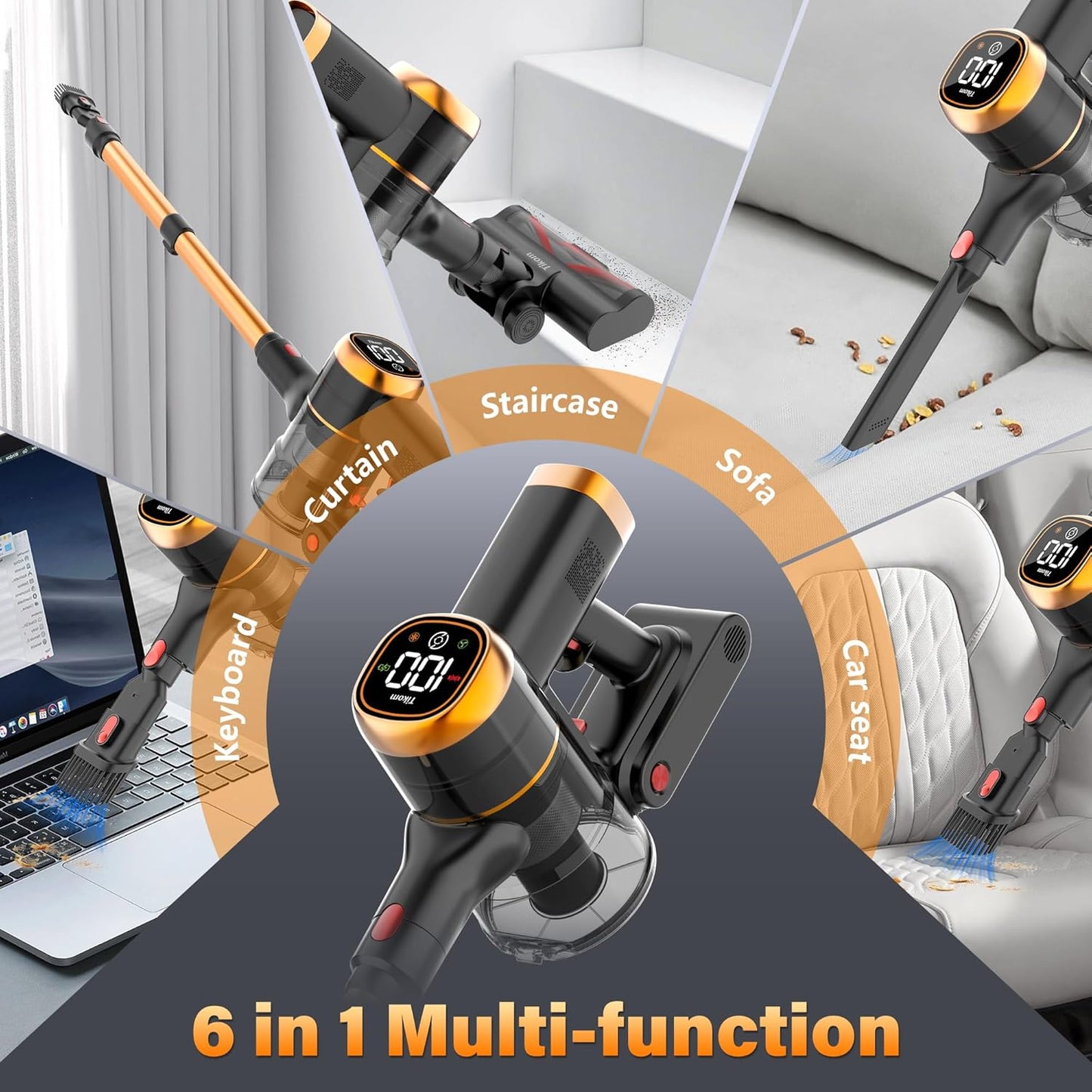 Tikom V500 Cordless Vacuum Cleaner for Home, 40000Pa/450W Stick Vacuum with LED Touch Screen, Charging Wall Dock, Anti-Tangle, Lightweight Handheld Vacuum for Pet Hair, Hard Floor, Carpet