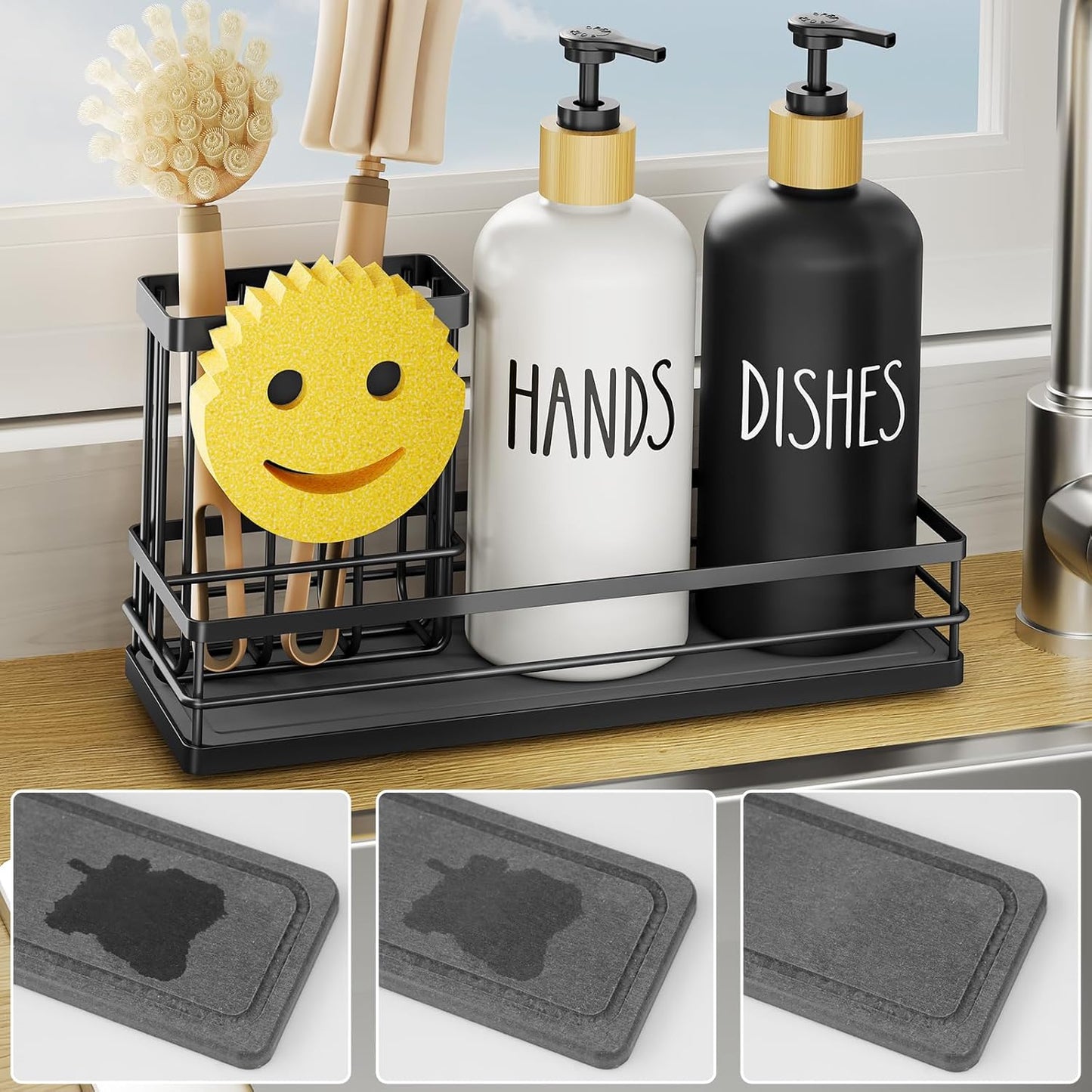Moforoco Kitchen Dish Soap Dispenser Set, 16OZ Glass Bottle, Hand and Dish Soap Dispenser Set, Instant Dry Tray, Non-Slip Silicone Pad, Brush Holder with Smiley Face Sponge Holder, Kitchen Decor