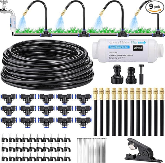Mornajina Automatic Drip Irrigation Kits Garden Irrigation System, Includes Calcium Inhibitor Filter & 66FT 5/16 inch Irrigation Tubing Hose & 20Pcs 360° Bending Dropper Atomizing Mist Nozzles Tee