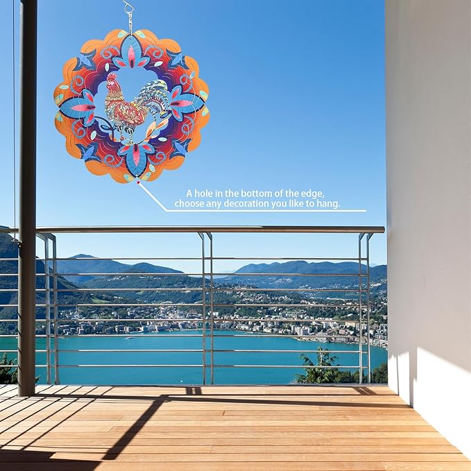 Wind Spinners, Gifts for Women Mom Grandma Wife, 12 inch 3D Stainless Steel Hanging Wind Spinner, Metal Kinetic Wind Sculpture for Indoor/Outdoor Decor, Yard Art, Garden Decorations (Rooster)