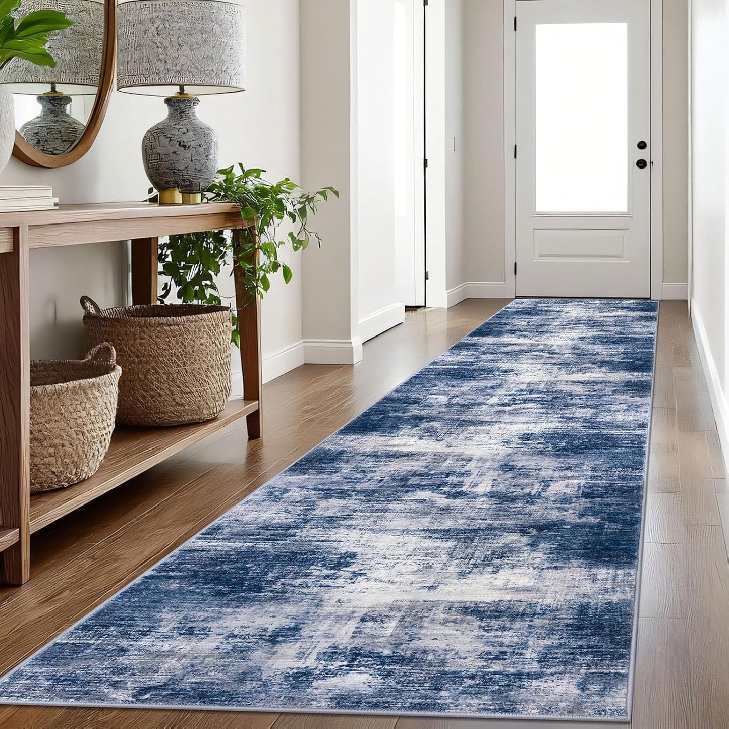 IOHOUZE Abstract Runner Rug 3x16 Ft Washable Runners for Hallways, Non Slip Kitchen Runner Printed Faux Wool Entryway Runner Indoor, Modern Abstract Floor Carpet for Hall Stair, Navy/Grey