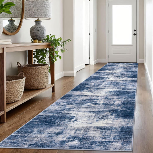 IOHOUZE Abstract Runner Rug 3x16 Ft Washable Runners for Hallways, Non Slip Kitchen Runner Printed Faux Wool Entryway Runner Indoor, Modern Abstract Floor Carpet for Hall Stair, Navy/Grey