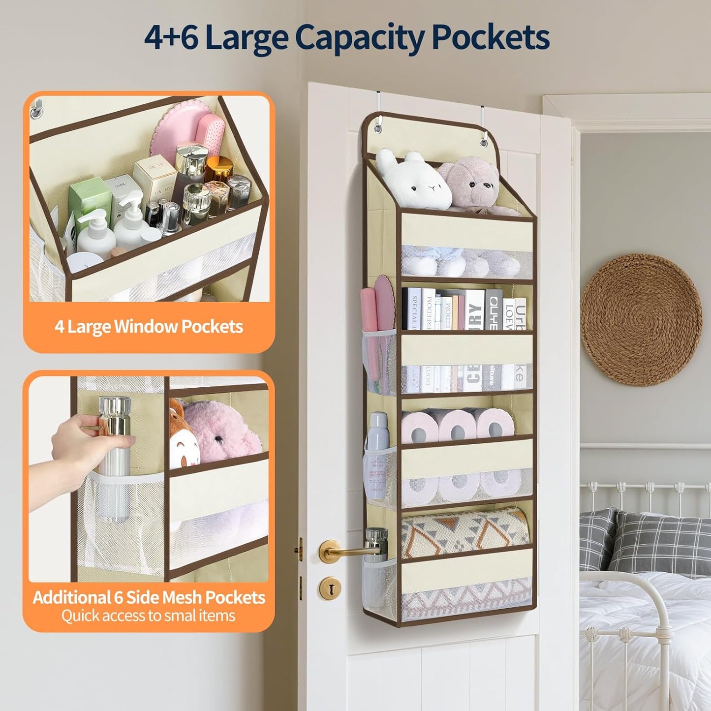 Yecaye Over The Door Organizer, Heavy Duty Hanging Organizers and Storage with 4 Large Capacity Pockets, Swing-Proof Behind The Door Storage for Bathroom Nursery Bedroom Dorm Closet, Beige