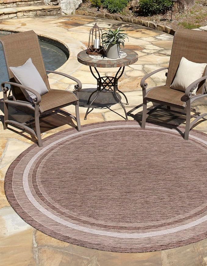 Unique Loom Outdoor Border Collection Area Rug - Soft Border (13' Round, Brown/ Ivory)