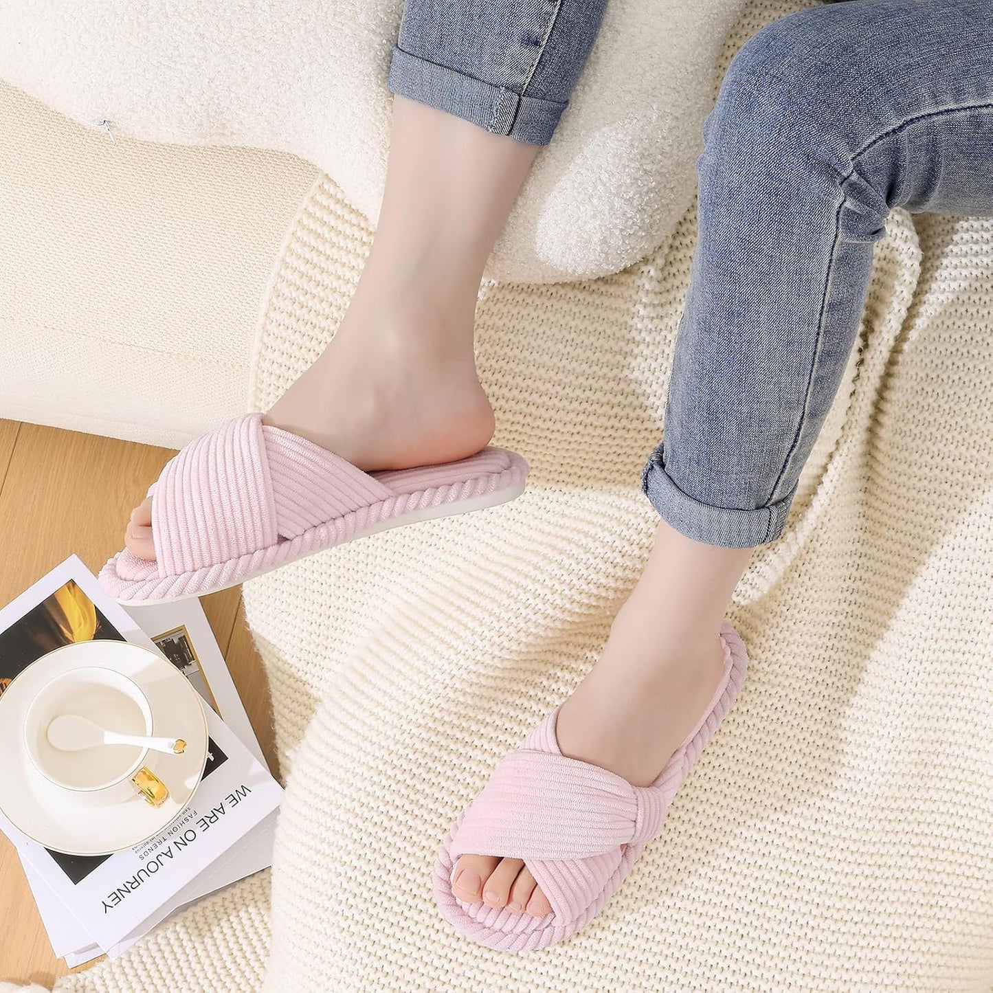 Evshine Summer House Slippers for Women Corduroy Cross Bow Indoor Slippers Open Toe Slip On Bedroom Shoes with Memory Foam