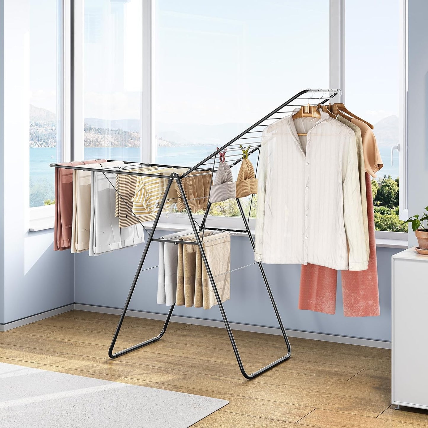 KINGBOARD Clothes Drying Rack Foldable, Drying Rack Clothing with Height-Adjustable, Metal Laundry Rack, Indoor Outdoor Use, No Assembly, 20.47"x 70"x 42.52", Black