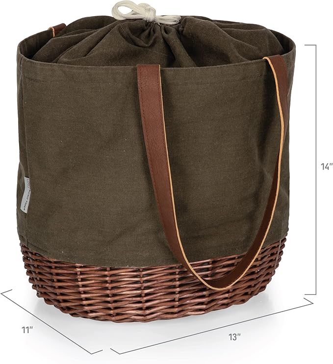 PICNIC TIME Coronado Canvas and Willow Basket Tote, Picnic Tote Bag, Beach Tote