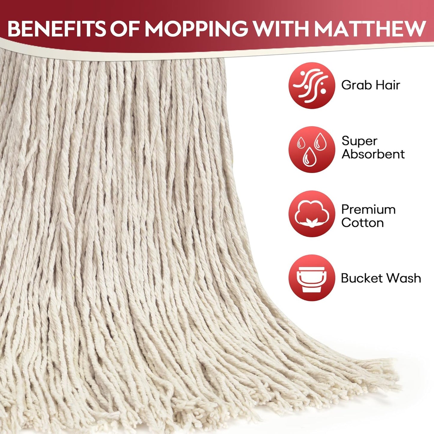 Matthew Cleaning 24oz 3Pack Cotton Floor Mop,Cotton Looped-Open String Heavy Duty String Refills, Universal Headband Blend Material,Mop Head Replacement for Home, Industrial and Commercial Use(White)