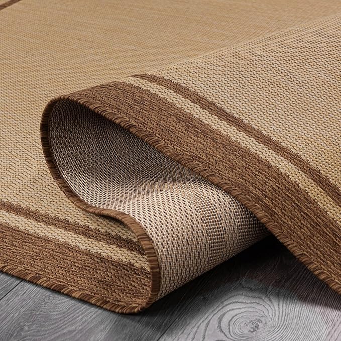 CAMILSON Outdoor Rug 9x12 Bordered Natural Brown Modern Area Rugs for Indoor and Outdoor Patios, Kitchen and Hallway Mats, Washable Porch Deck Outside Carpet (Border Jute, 9 x 12)
