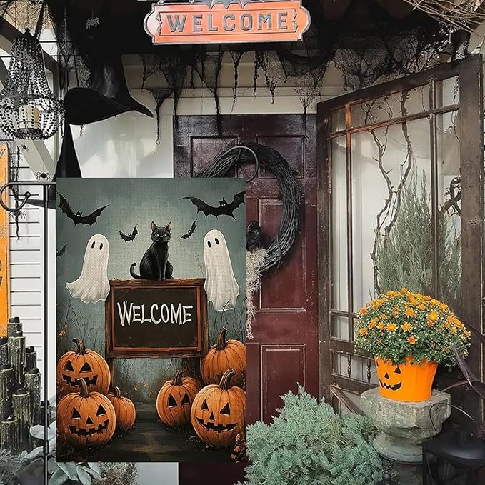 Halloween Garden Flag for Outside 12x18 Inch Double Sided, Pumpkin Ghost Cat Small Yard Flags for Outside, Outdoor Welcome Flag Front Porch Decorations for Home