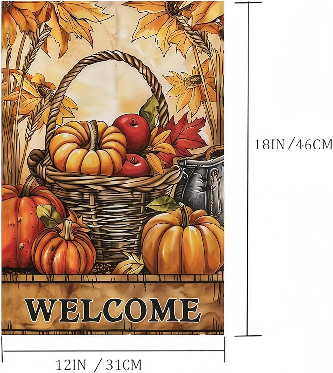 Garden Flag 12X18 Inch Double Side,Pumpkin Fall Yard Flag, Welcome Small Garden Flag,Outdoor Fall Flag for Holiday Outside Patio Decoration