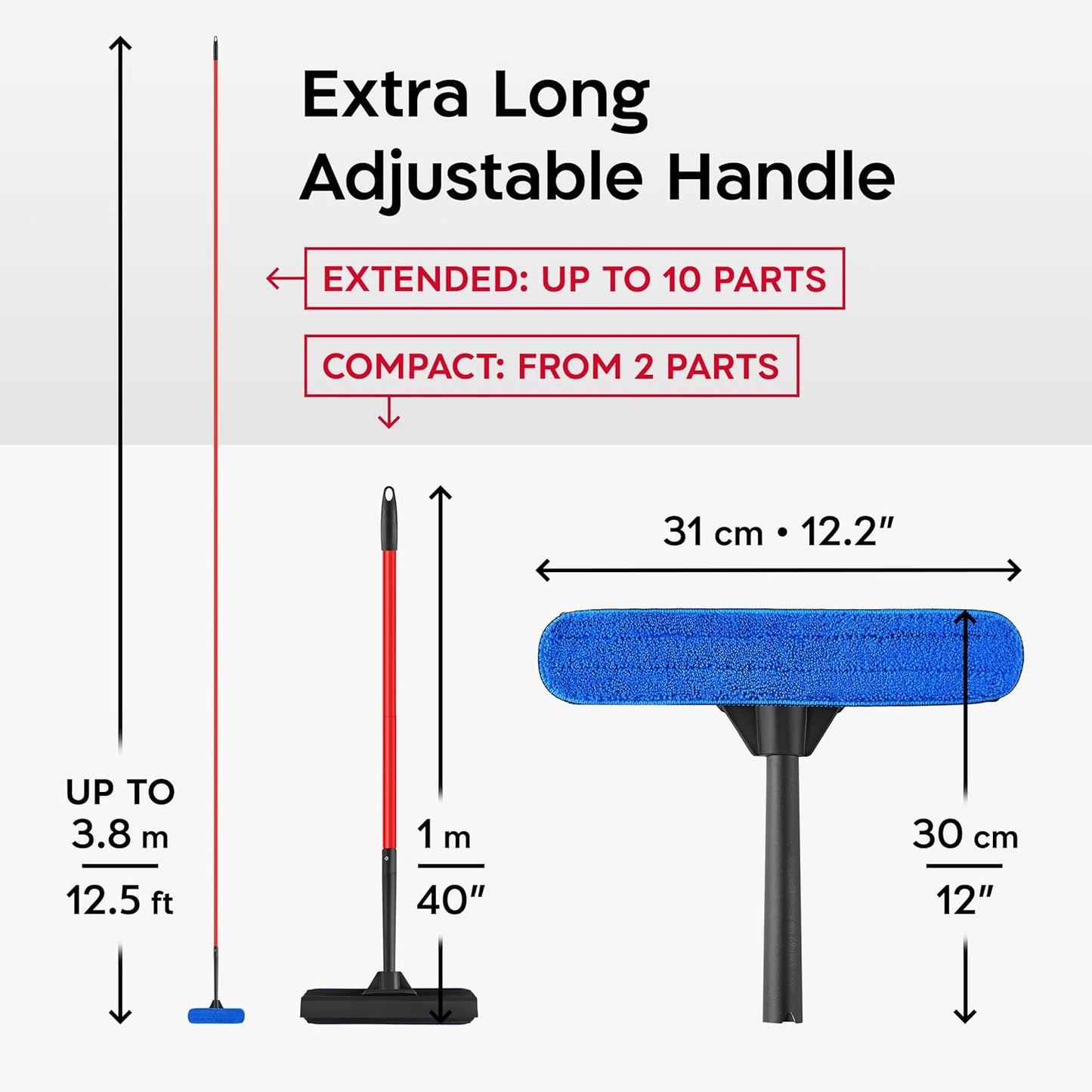 Tyroler Professional Window Squeegee for Home,1 ft-12.5 ft Long Squeegee for Window Cleaning, 2-in-1 Window Cleaning Squeegee Kit, Indoor & Outdoor Window Cleaner Tool for High Windows & Glass