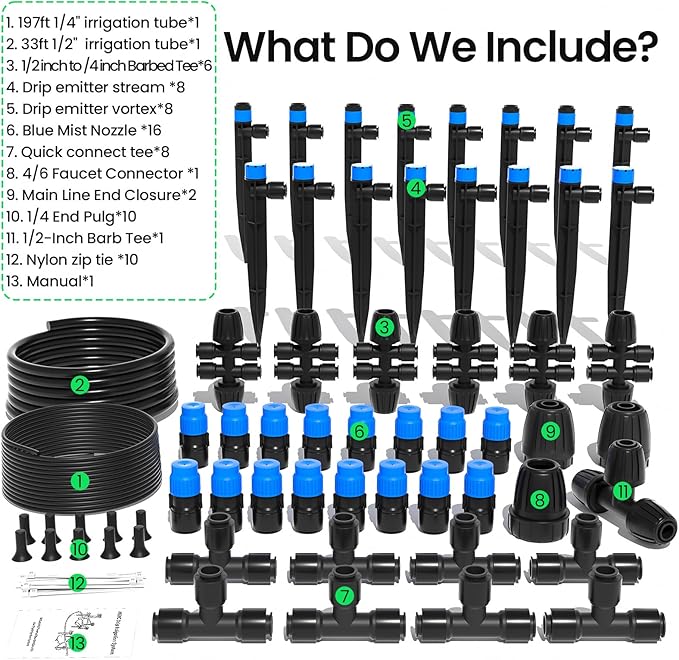 MIXC 230FT Quick-Connect Drip Irrigation System Kit, Automatic Garden Watering System with 1/4" & 1/2" Fast-Lock Tubing - Adjustable Nozzles & Sprinklers for Garden, Greenhouse, Lawn, Potted Plants