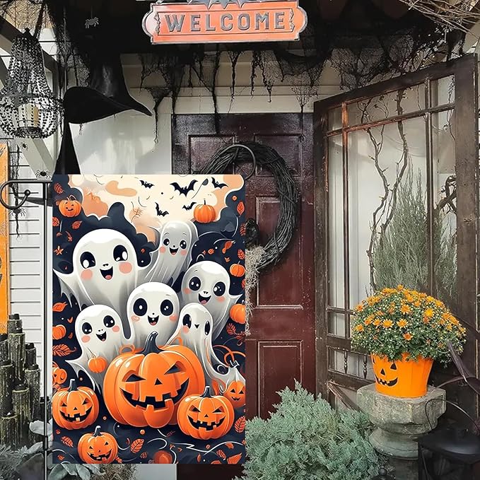 Halloween Garden Flag for Outside 12x18 Inch Double Sided, Ghost Pumpkin Small Yard Flags for Outside, Outdoor Welcome Flag Front Porch Decorations for Home
