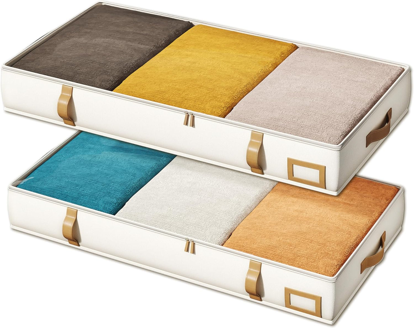 Vailando Under Bed Storage Containers, Foldable Storage Bins for Blankets, Comforter, and Seasonal Clothing, 6 Inches Tall, Beige with Brown Leather Handles, 2-Pack