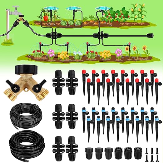 250FT Drip Irrigation System for Garden - 50FT 1/2" Main Tube & 200FT 1/4" Branch Tubing, Brass Splitter, Quick Connect Design, Perfect for Outdoor Plants, Raised Beds, Greenhouses