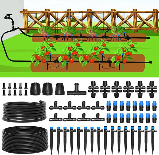 MIXC 247 FT Drip Irrigation System,Quick Connector Garden Watering System Automatic Sprinkler System Kit for Lawn Raised Bed Greenhouse Plant Watering System with 1/4'' Tubing,Drip Emitters,Connectors