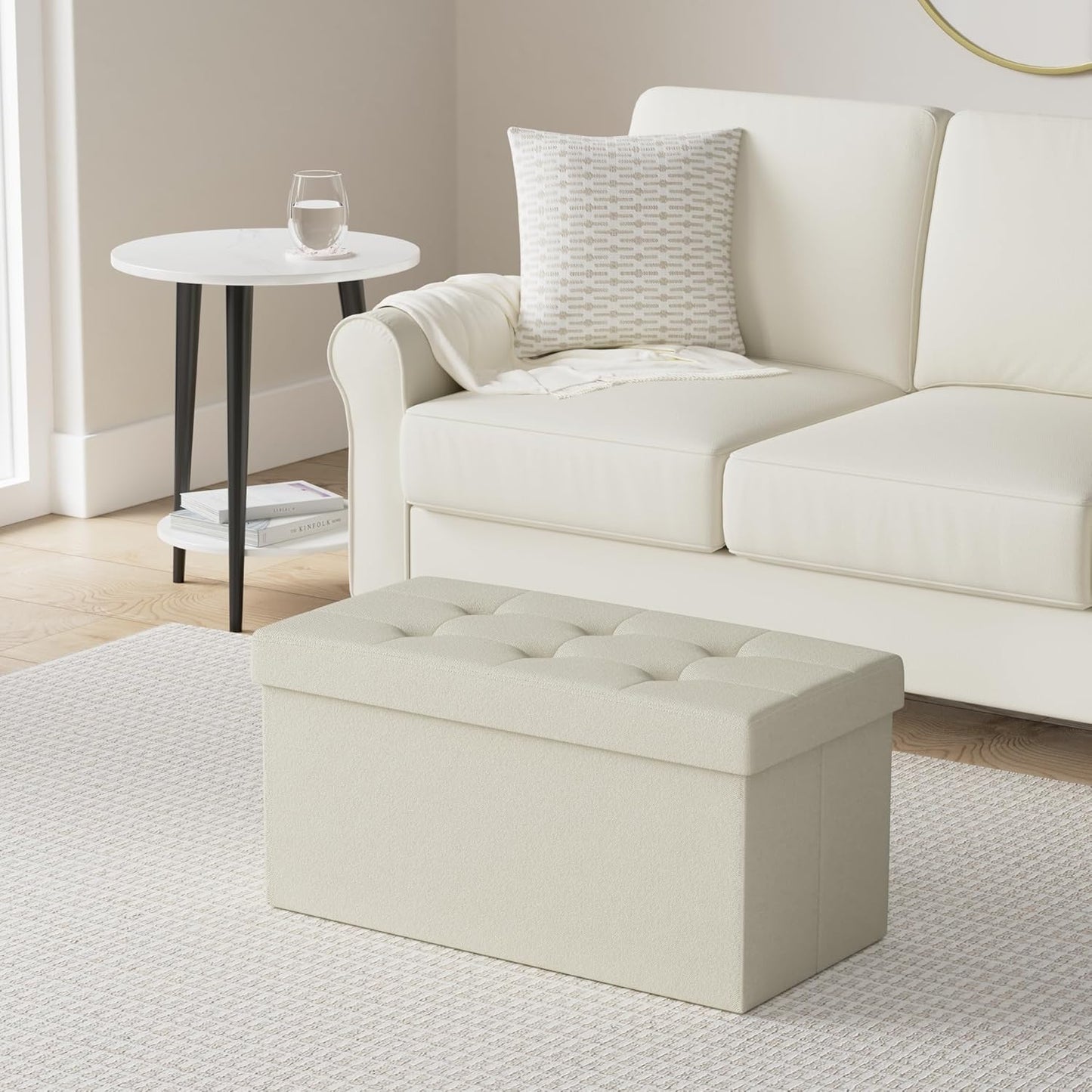 SONGMICS MAZIE Collection - 30 Inches Folding Storage Ottoman Bench, Ottoman Foot Rest, End of Bed Bench, Storage Chest, Load 660 lb, for Living Room, Bedroom, Entryway, Cream White ULSF47BE