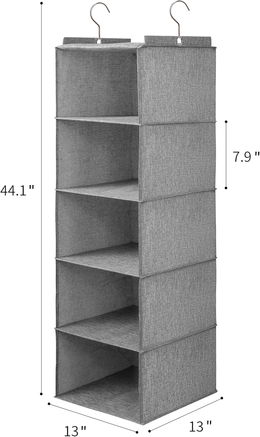 Large Hanging Sweater Organizer for Closet,Collapsible 6-Shelf Hanging Closet Shelves with Drawers, Washable (Grey-5 Shelf)