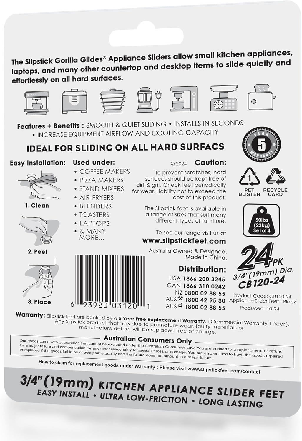 Slipstick GorillaGlides Kitchen Appliance Sliders (24 x 3/4” Round Glides) Self Adhesive Countertop Appliance Sliders Provide Easy Sliding and Saves Space on Counters