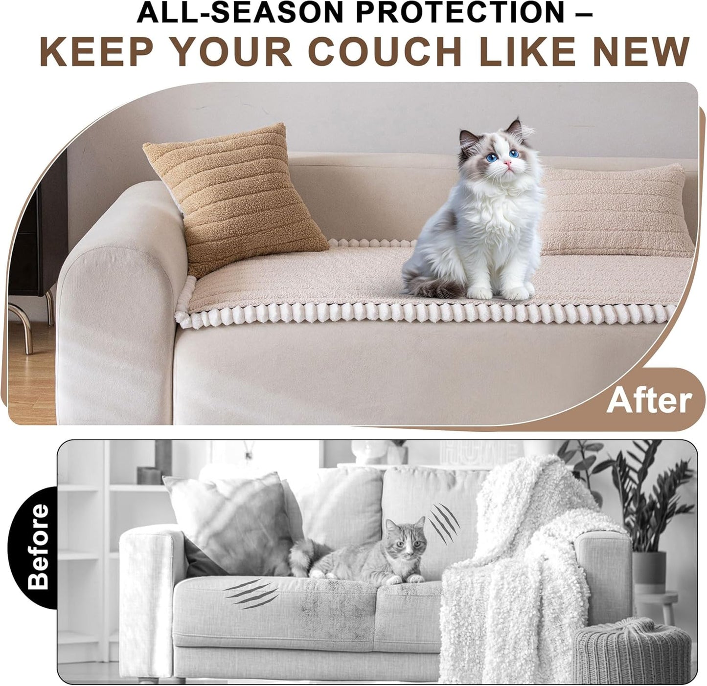 OTOB Couch Cover for Dogs Washable, Non Slip Plush Fuzzy Sofa Covers for 3 Cushion Couch All Seasons, Kids Pet Friendly Soft Cozy Furniture Protector Sofa Slipcovers (Beige, 27.6" x 82.7")