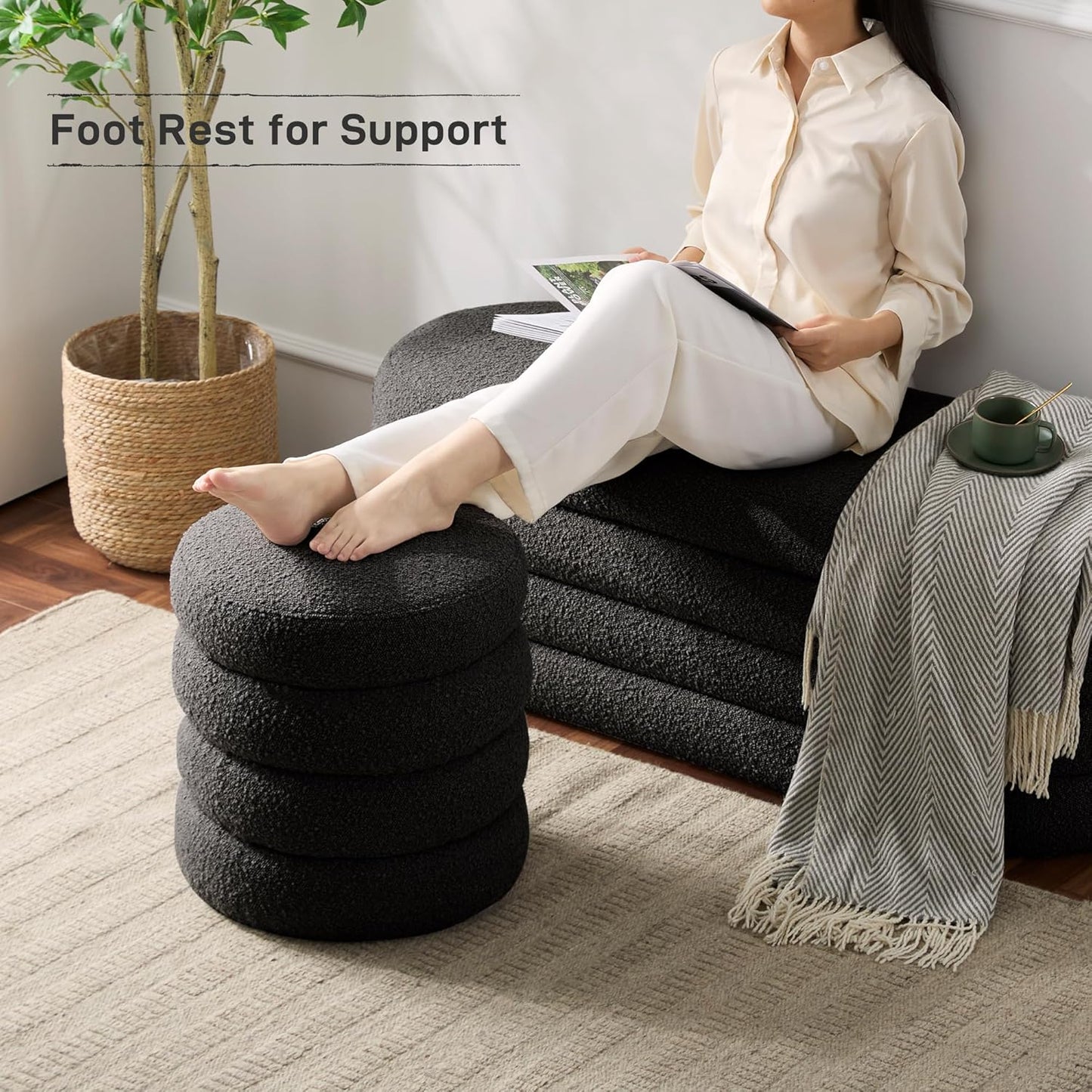 Round Ottoman with Storage Boucle Ottoman Stool with Storage Removable Lid for Living Room Modern Vanity Sorage Stool Foot Rest Bedroom Dorm Gift Set of 1 (Black)